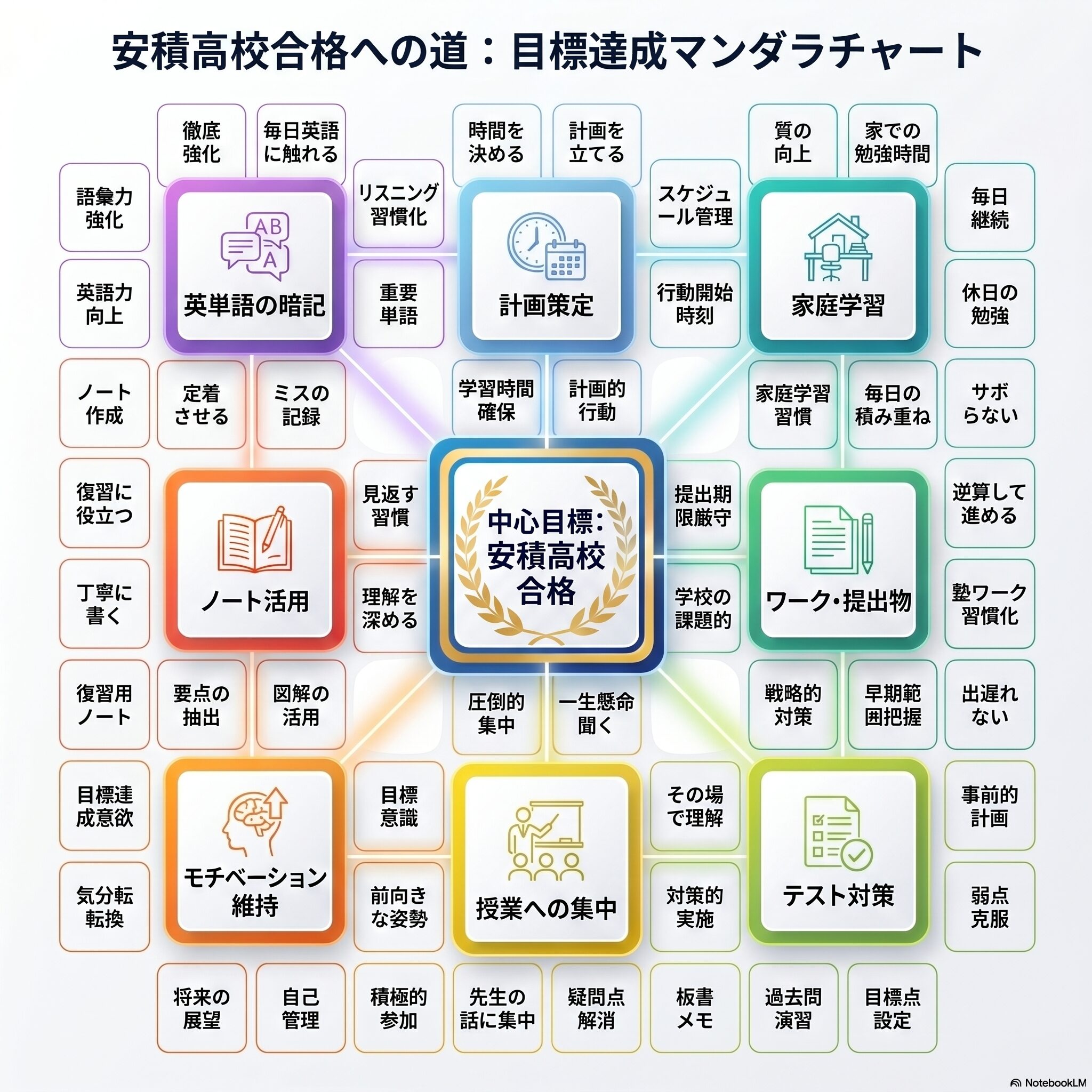 生徒自ら作成した目標達成マンダラチャート